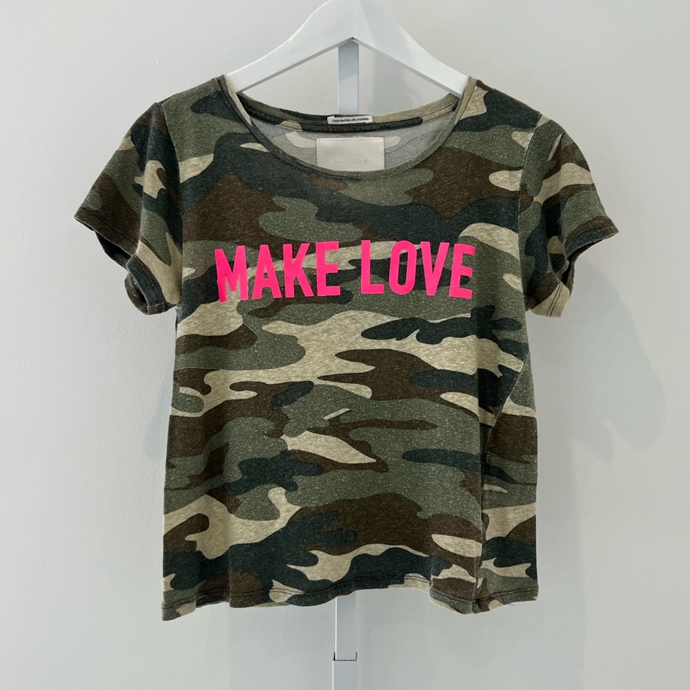 MOTHER MAKE LOVE NOT WAR CAMOUFLAGE LINEN SINFUL BOXY TEE SIZE SMALL